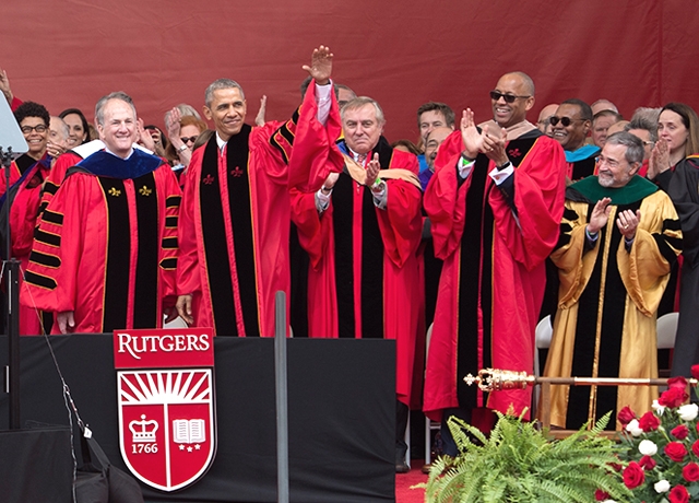 President Obama waves to the graduates during Commencement