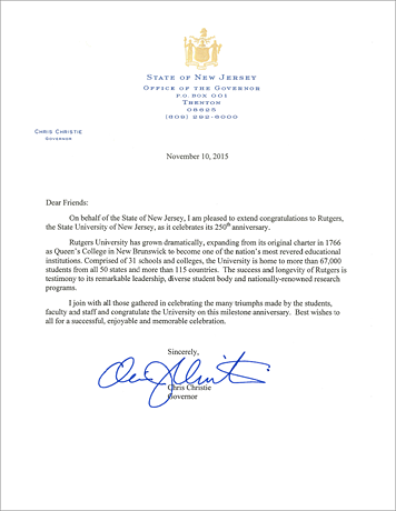 Governor Christie's congratulatory letter