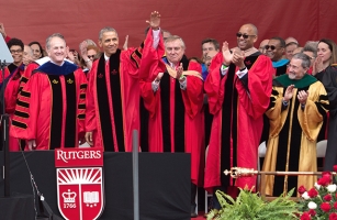 President Obama waves to the graduates during Commencement