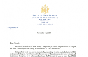Governor Christie's congratulatory letter