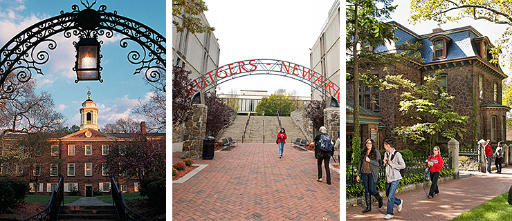 Outdoor scenes of Rutgers-New Brunswick, Rutgers-Newark, and Rutgers-Camden