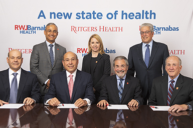 Rutgers and RWJBarnabas Health officials at 2018 announcement of new partnership